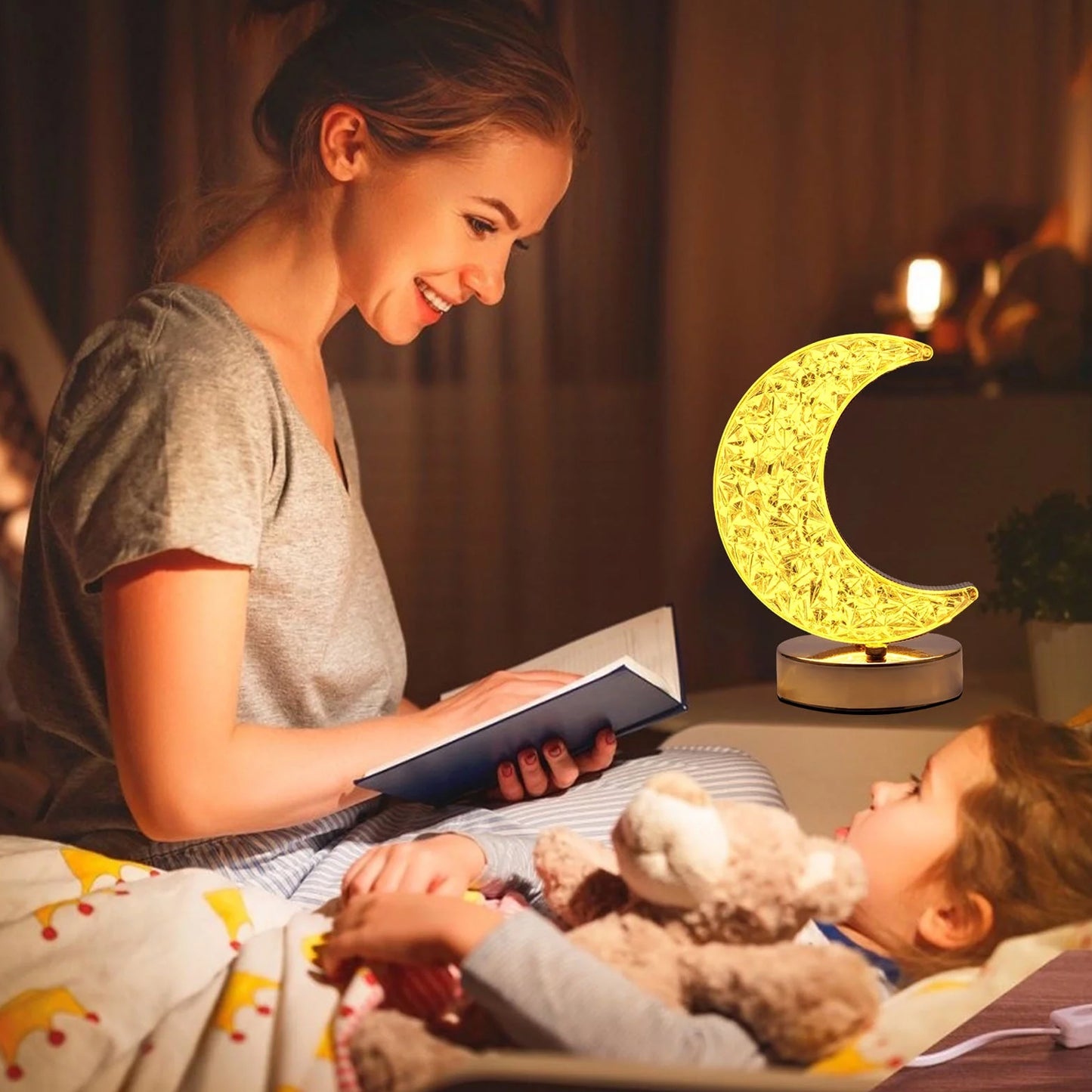 Crystal Table Lamp  Moon Shape Touch Control Lamp With 3 Color  Metal Bedside Lamp For Kids Bedroom Romantic Desktop Nightstand  Stepless Dimming Usb Charging Touch Night Light