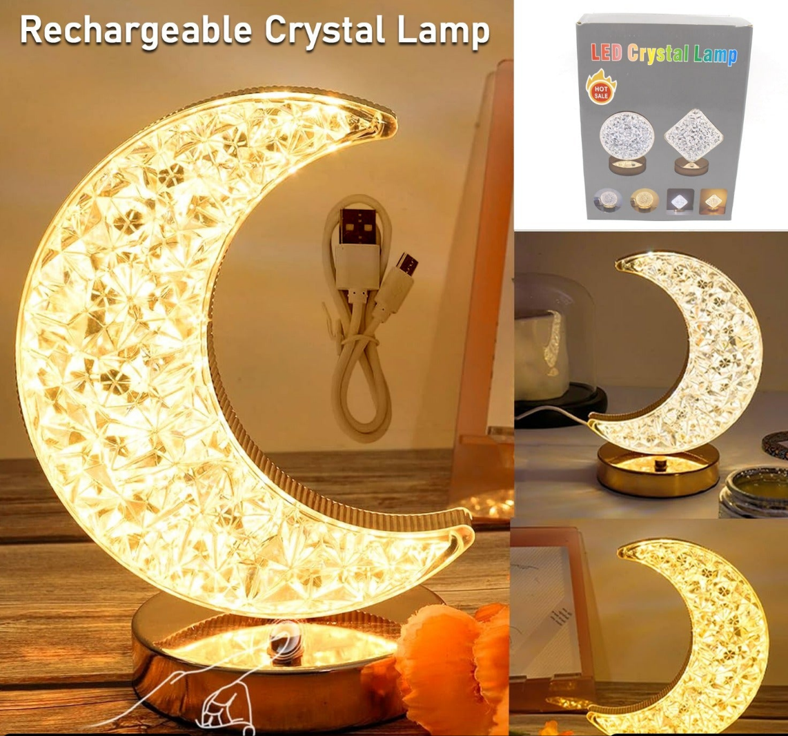 Crystal Table Lamp  Moon Shape Touch Control Lamp With 3 Color  Metal Bedside Lamp For Kids Bedroom Romantic Desktop Nightstand  Stepless Dimming Usb Charging Touch Night Light