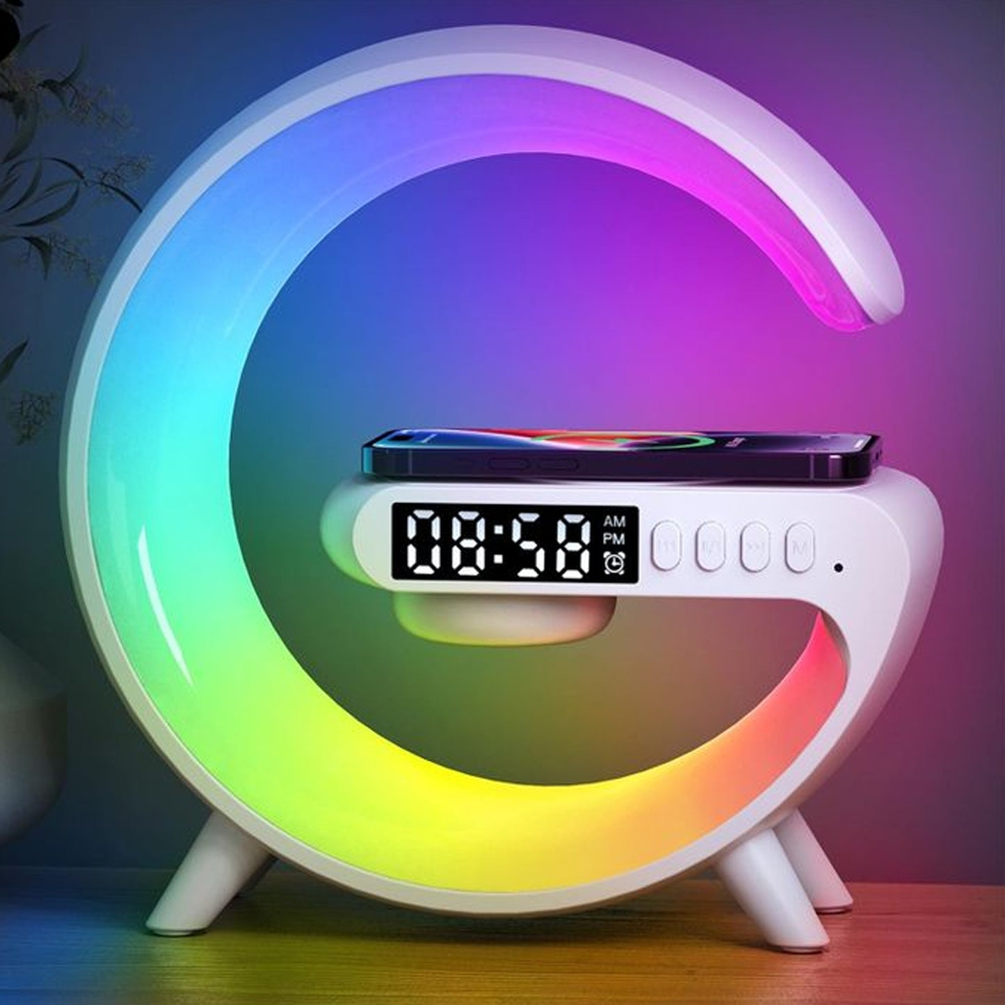 Smart Alarm Clock With G-shape Rgb Light Bluetooth Speaker Wireless Charging (1 Pc)