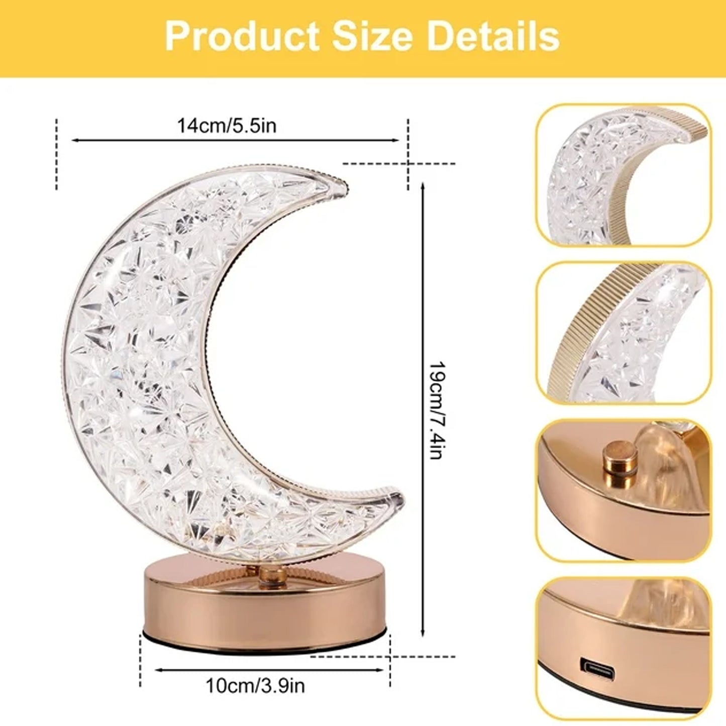 Crystal Table Lamp  Moon Shape Touch Control Lamp With 3 Color  Metal Bedside Lamp For Kids Bedroom Romantic Desktop Nightstand  Stepless Dimming Usb Charging Touch Night Light