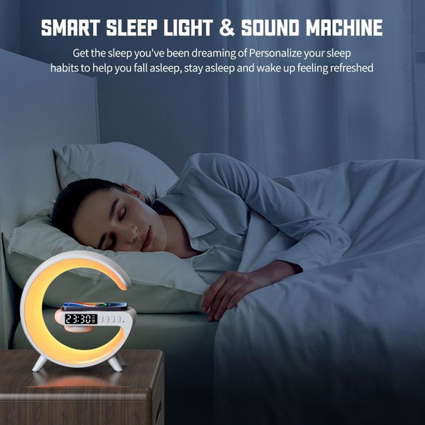 Smart Alarm Clock With G-shape Rgb Light Bluetooth Speaker Wireless Charging (1 Pc)